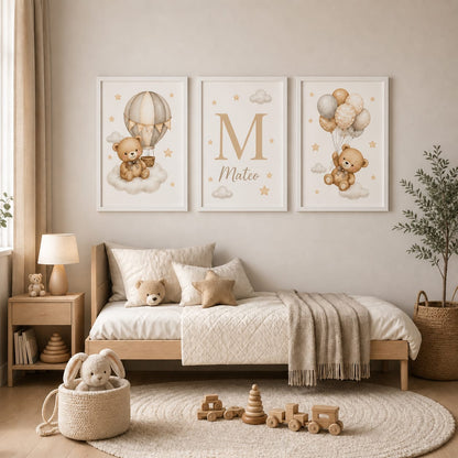Set de 3 Cuadros Infantiles de Ositos personalizados con Marco de Madera y Vidrio