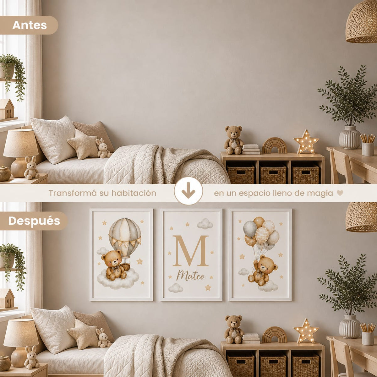 Set de 3 Cuadros Infantiles de Ositos personalizados con Marco de Madera y Vidrio