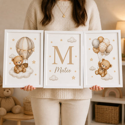 Set de 3 Cuadros Infantiles de Ositos personalizados con Marco de Madera y Vidrio