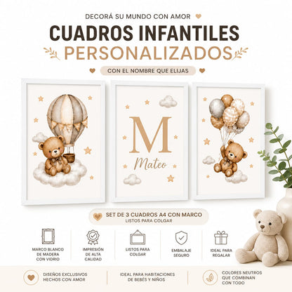 Set de 3 Cuadros Infantiles de Ositos personalizados con Marco de Madera y Vidrio