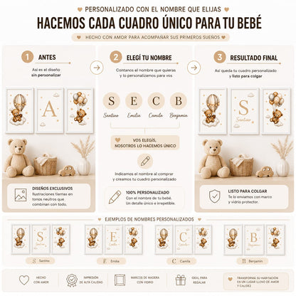 Set de 3 Cuadros Infantiles de Ositos personalizados con Marco de Madera y Vidrio