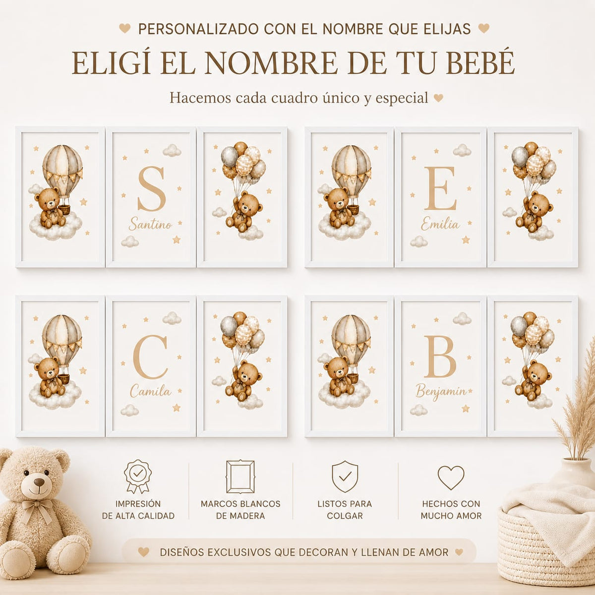 Set de 3 Cuadros Infantiles de Ositos personalizados con Marco de Madera y Vidrio