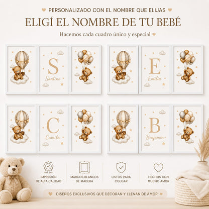 Set de 3 Cuadros Infantiles de Ositos personalizados con Marco de Madera y Vidrio