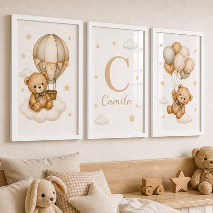 Set de 3 Cuadros Infantiles de Ositos personalizados con Marco de Madera y Vidrio