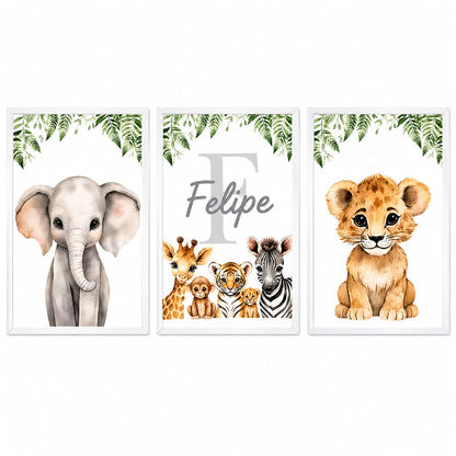 Set de 3 Cuadros Infantiles Safari Personalizados 20x30 cm con Marco de Madera y Vidrio