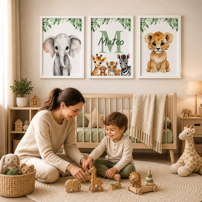 Set de 3 Cuadros Infantiles Safari Personalizados 20x30 cm con Marco de Madera y Vidrio