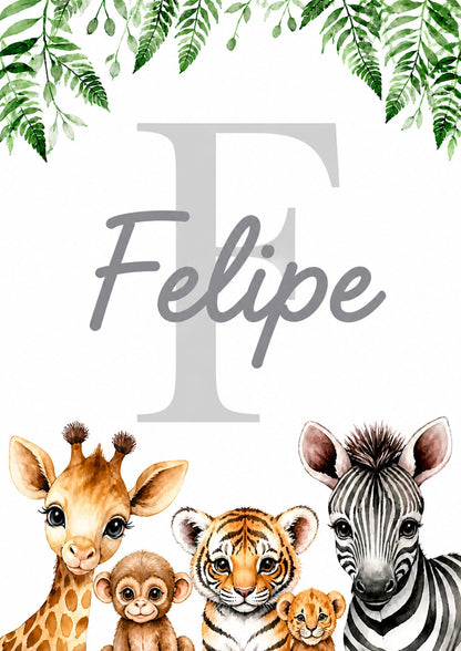 Set de 3 Cuadros Infantiles Safari Personalizados 20x30 cm con Marco de Madera y Vidrio
