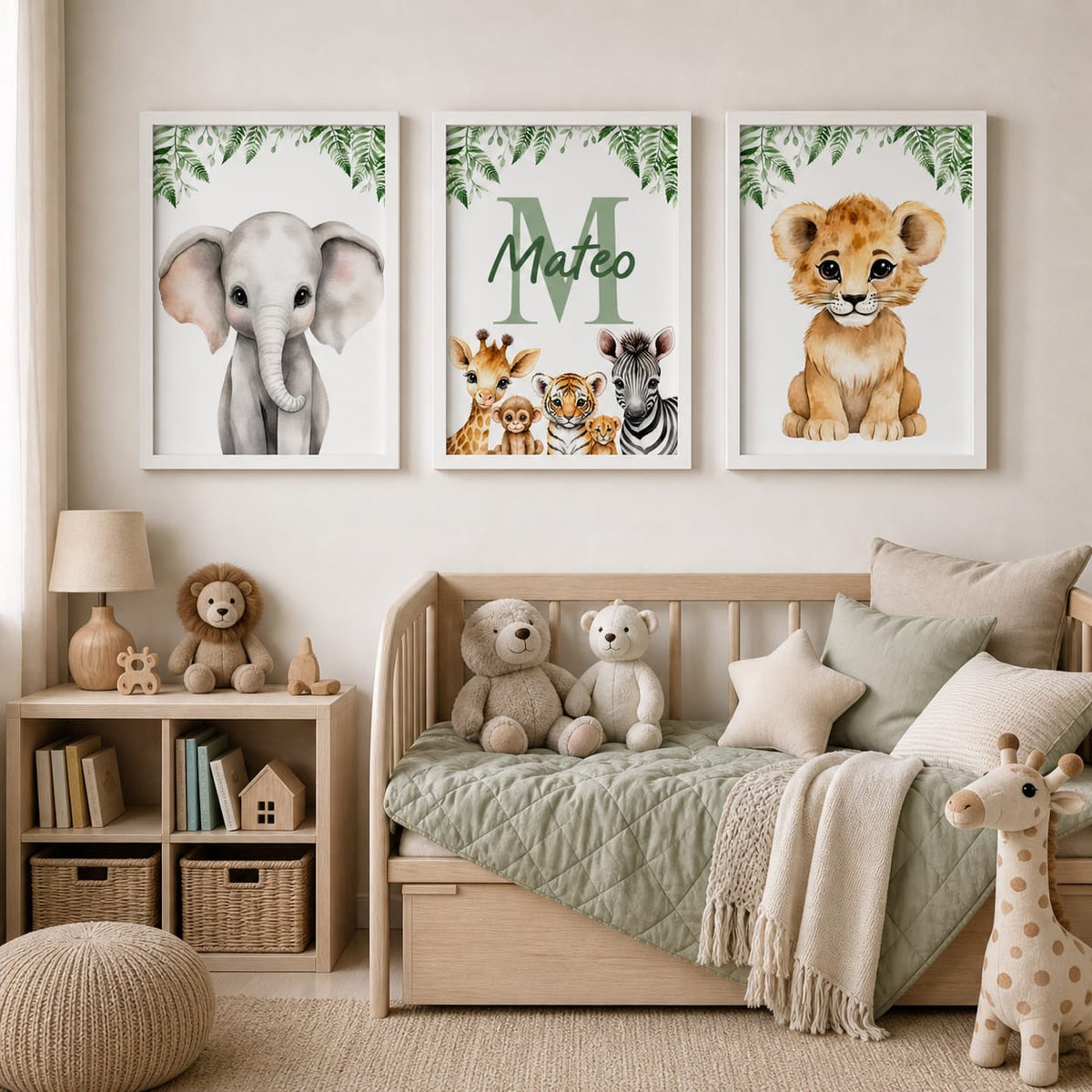 Set de 3 Cuadros Infantiles Safari Personalizados 20x30 cm con Marco de Madera y Vidrio