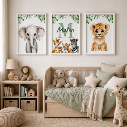 Set de 3 Cuadros Infantiles Safari Personalizados 20x30 cm con Marco de Madera y Vidrio