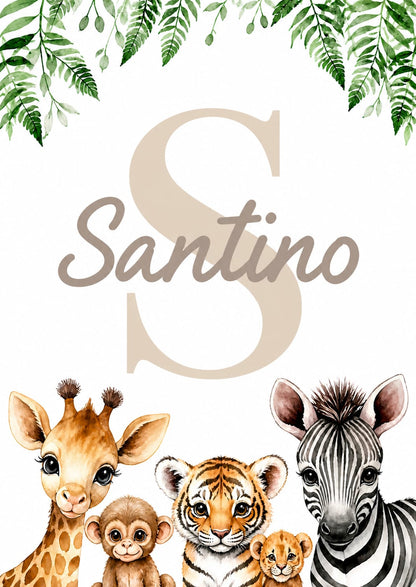 Set de 3 Cuadros Infantiles Safari Personalizados 20x30 cm con Marco de Madera y Vidrio