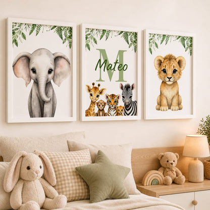 Set de 3 Cuadros Infantiles Safari Personalizados 20x30 cm con Marco de Madera y Vidrio