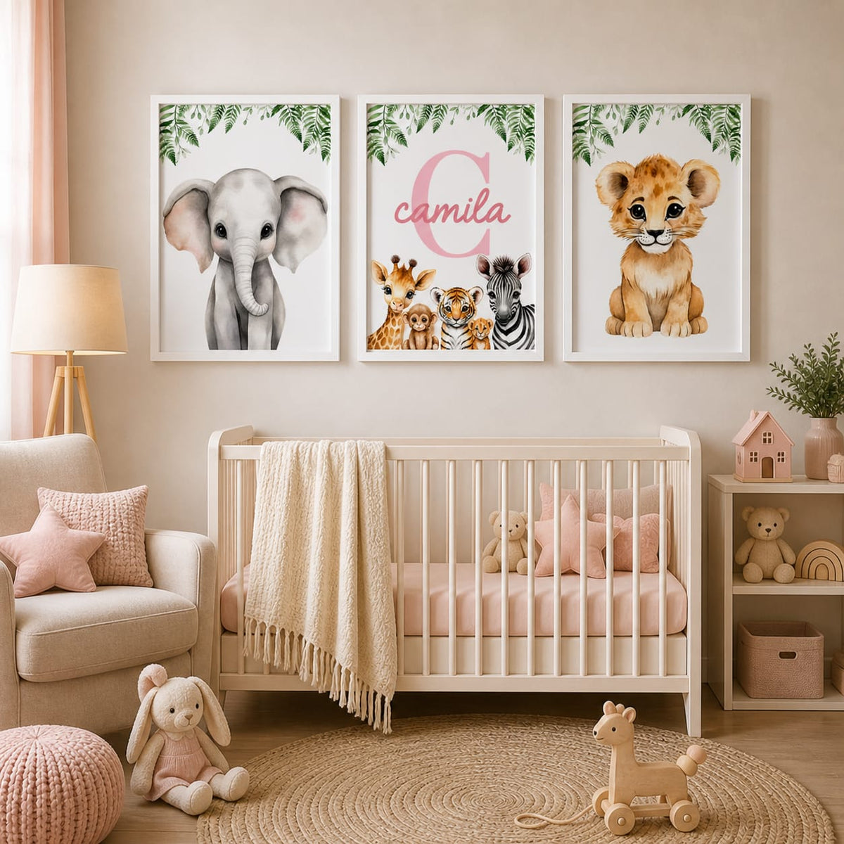 Set de 3 Cuadros Infantiles Safari Personalizados 20x30 cm con Marco de Madera y Vidrio
