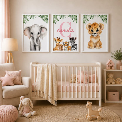 Set de 3 Cuadros Infantiles Safari Personalizados 20x30 cm con Marco de Madera y Vidrio