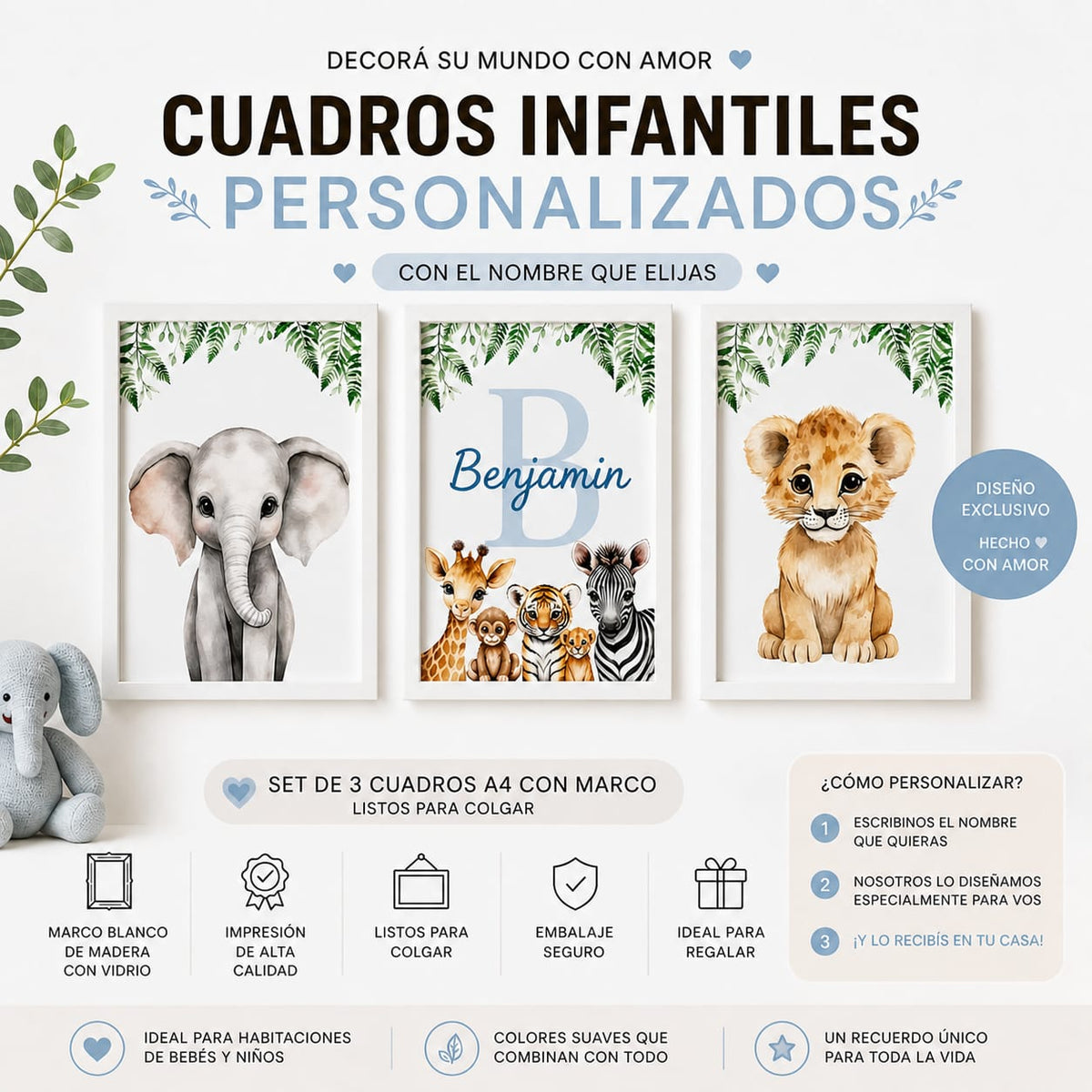 Set de 3 Cuadros Infantiles Safari Personalizados 20x30 cm con Marco de Madera y Vidrio