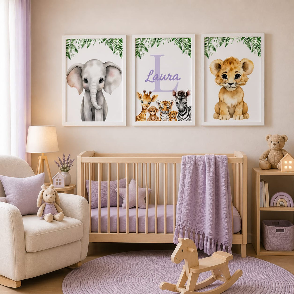 Set de 3 Cuadros Infantiles Safari Personalizados 20x30 cm con Marco de Madera y Vidrio