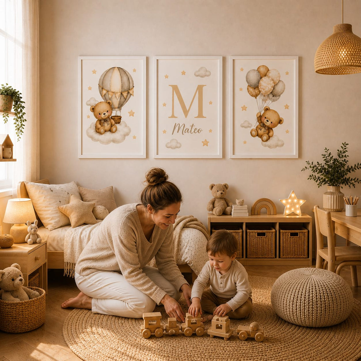 Set de 3 Cuadros Infantiles de Ositos personalizados con Marco de Madera y Vidrio