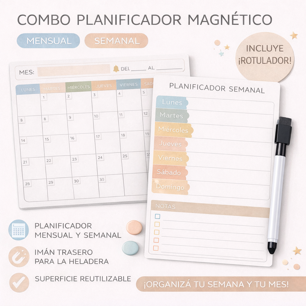 Planificador Magnético Mensual y Semanal Reutilizable con Rotulador ⭐⭐⭐⭐⭐